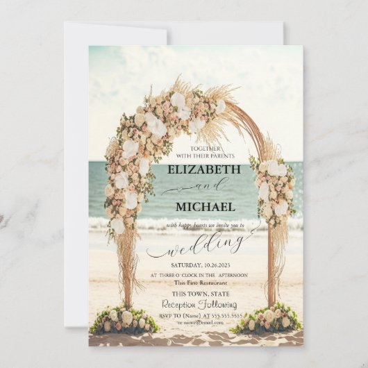 Beach Wedding Arbor Rose Script Hochzeit Einladung (Vorderseite)