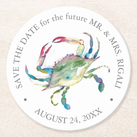 Beach Wedding Blue Crab Save the Date Runder Pappuntersetzer (Vorderseite)