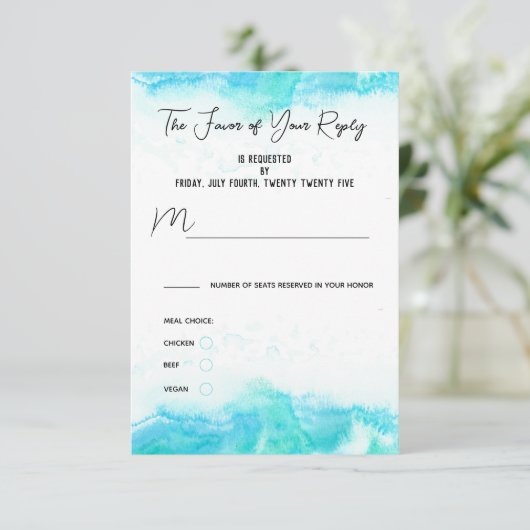Beach Wedding Blue Waves Meal Choice Card RSVP Karte (Stehend Vorderseite)