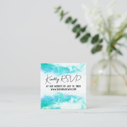 Beach Wedding Blue Waves Mini Website Enclosure Ca Begleitkarte (Stehend Vorderseite)