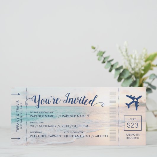 Beach Wedding Boarding Pass All-in-One Einladung (Stehend Vorderseite)