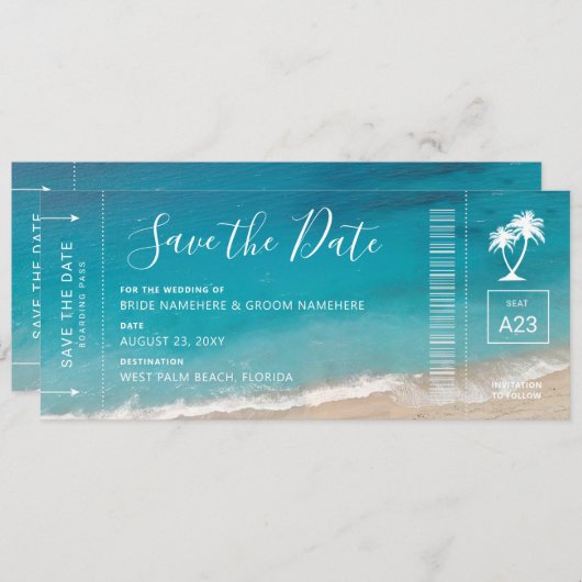 Beach Wedding Boarding Pass Moody Aquamarin Ocean  Save The Date (Vorne/Hinten)