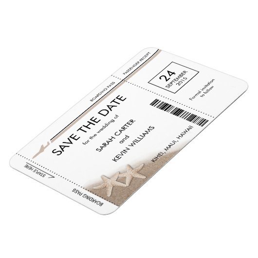 Beach Wedding Boarding Pass Save the Date Magnete (Linke Seite)
