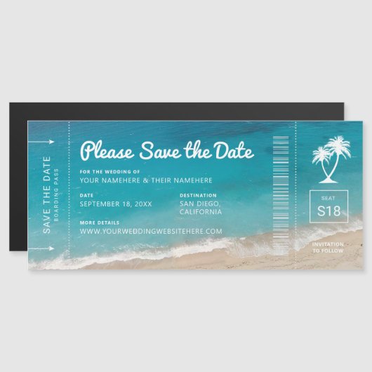 Beach Wedding Boarding Pass Save the Date magnetis Magnetkarte (Vorne/Hinten)