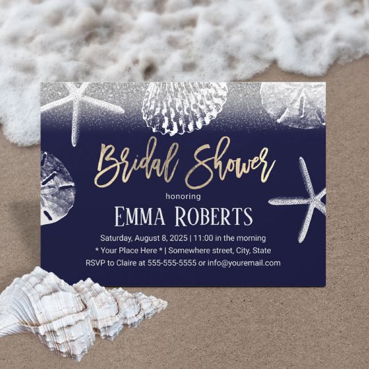 Beach Wedding Brautparty Navy Blue Seashells Einladung