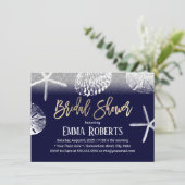 Beach Wedding Brautparty Navy Blue Seashells Einladung (Stehend Vorderseite)