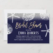 Beach Wedding Brautparty Navy Blue Seashells Einladung (Vorderseite)