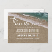 Beach Wedding Burlap & Starfish Save the Date Ankündigungspostkarte (Vorne/Hinten)