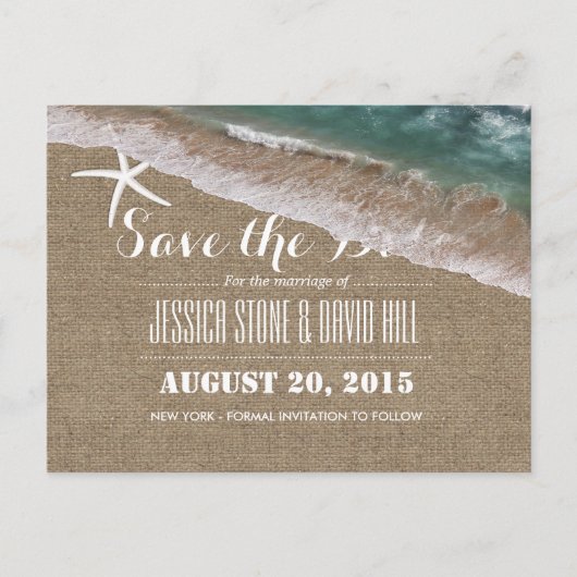 Beach Wedding Burlap & Starfish Save the Date Ankündigungspostkarte (Vorderseite)