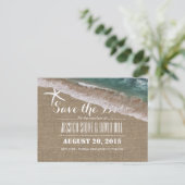 Beach Wedding Burlap & Starfish Save the Date Ankündigungspostkarte (Stehend Vorderseite)