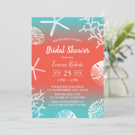 Beach Wedding Coral Reef Brautparty Einladung (Stehend Vorderseite)