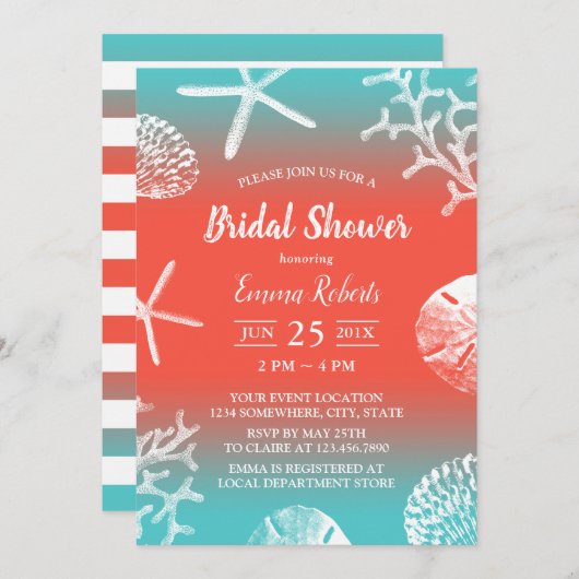 Beach Wedding Coral Reef Brautparty Einladung (Vorne/Hinten)