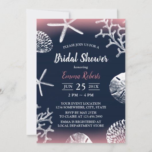 Beach Wedding Coral Reef Navy & Pink Brautparty Einladung (Vorderseite)