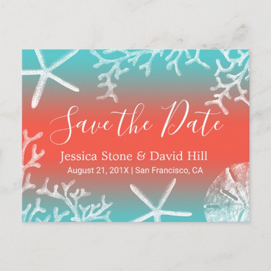 Beach Wedding Coral Reef Starfish Save the Date Ankündigungspostkarte (Vorderseite)