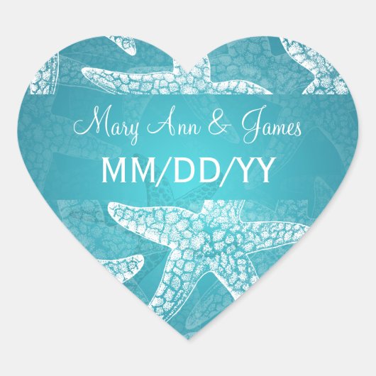 Beach Wedding Date Starfish Blue Herz-Aufkleber (Vorderseite)
