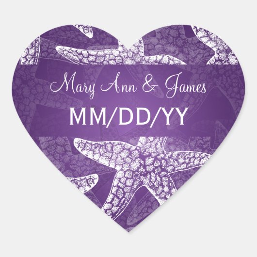 Beach Wedding Date Starfish Lila Herz-Aufkleber (Vorderseite)