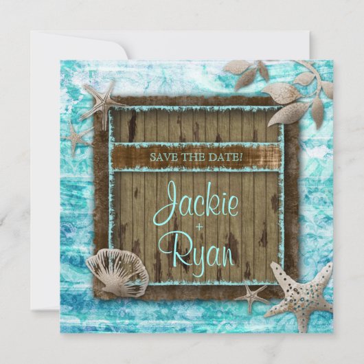 Beach Wedding Einladung Seashell Blue Wood (Rückseite)