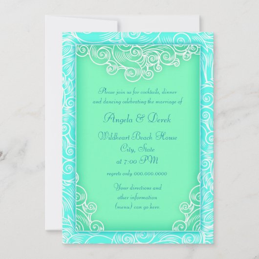 Beach Wedding Empfang Aqua und Green Waves Einladung (Vorderseite)