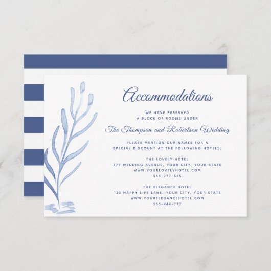 Beach Wedding Empfang Blau und Weiß Begleitkarte (Vorne/Hinten)