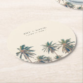 Beach Wedding Empfang Palm Tree Personalisiert Runder Pappuntersetzer (Angewinkelt)