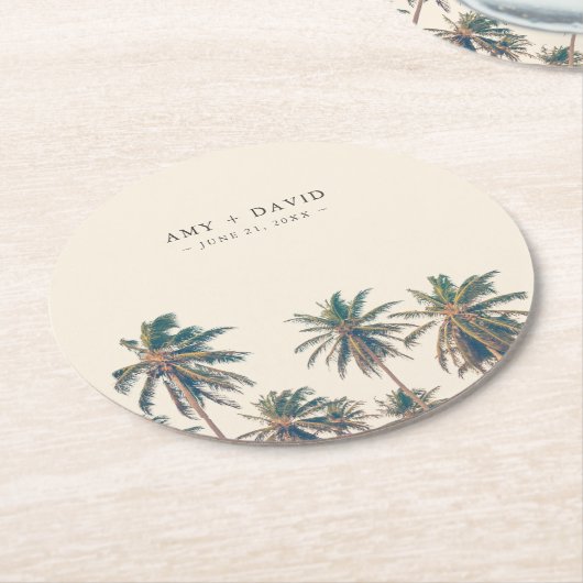 Beach Wedding Empfang Palm Tree Personalisiert Runder Pappuntersetzer (Angewinkelt)