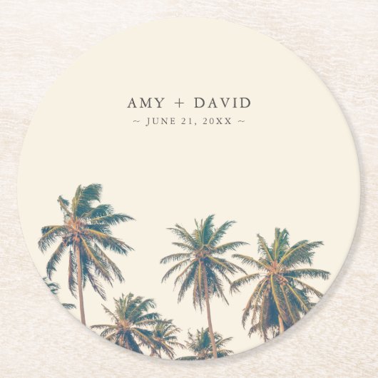 Beach Wedding Empfang Palm Tree Personalisiert Runder Pappuntersetzer (Vorderseite)