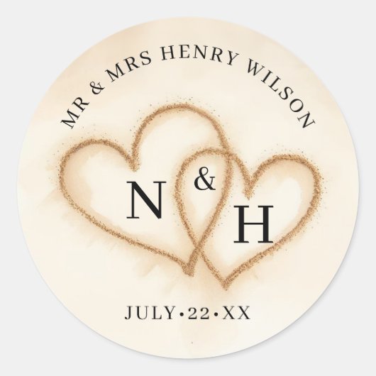 Beach Wedding Favor Stickers mit Sandherzen (Vorderseite)