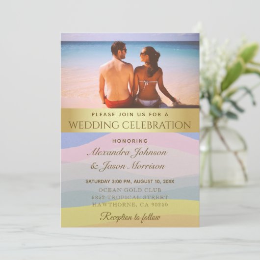 Beach Wedding Foto Watercolor Einladung (Stehend Vorderseite)