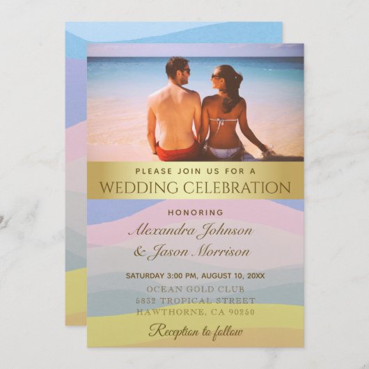 Beach Wedding Foto Watercolor Einladung (Vorne/Hinten)