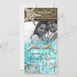 Beach Wedding Fotokarte Dolphins Blue Muscheln Save The Date