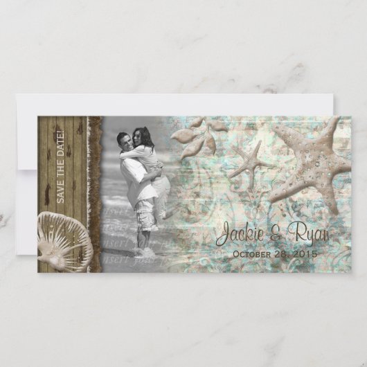 Beach Wedding Fotokarte Seashell Beige Holz Save The Date (Vorderseite)