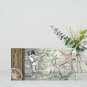 Beach Wedding Fotokarte Seashell Beige Holz Save The Date (Stehend Vorderseite)
