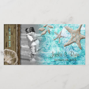 Beach Wedding Fotokarte Seashell Blue Wood Save The Date