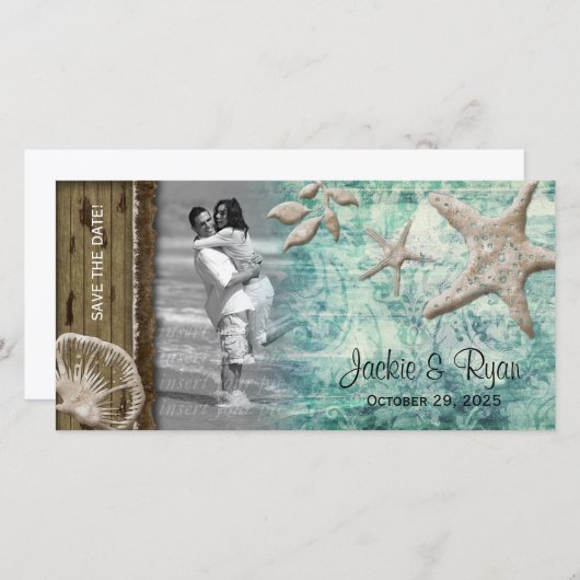 Beach Wedding Fotokarte Seashell Sage Green Save The Date (Vorne/Hinten)