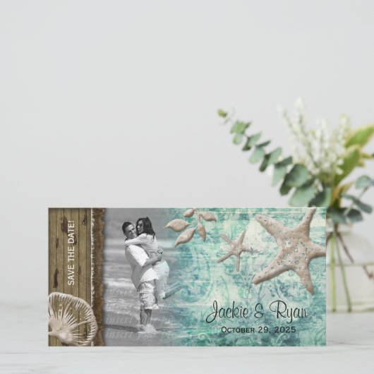 Beach Wedding Fotokarte Seashell Sage Green Save The Date (Stehend Vorderseite)