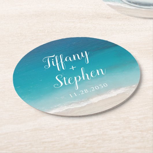 Beach Wedding Gefallen Keepake Personalisiert Runder Pappuntersetzer (Angewinkelt)