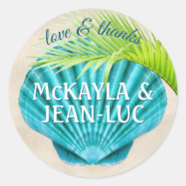 Beach Wedding Gefallen Liebe & Dank Muschel Palm L Runder Aufkleber