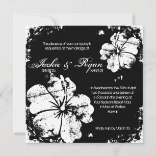 Beach Wedding Grunge Hibiskus Black & White Einladung