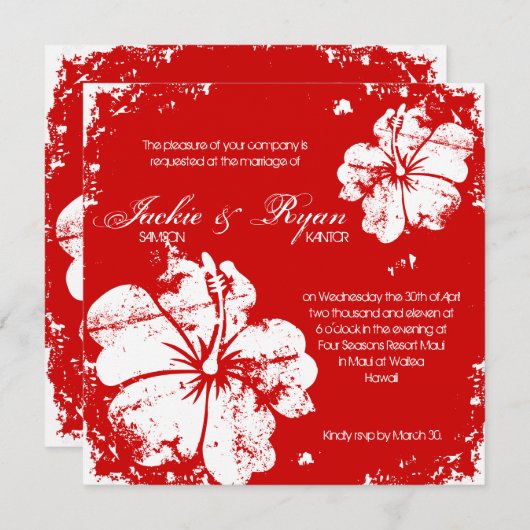 Beach Wedding Grunge Hibiskus Cherry Red Einladung (Vorne/Hinten)