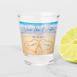 Beach Wedding Hearts in Sand Save the Date Schnapsglas