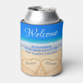 Beach Wedding Hearts in Sand Willkommen Dosenkühler (Kanne Vorderseite)
