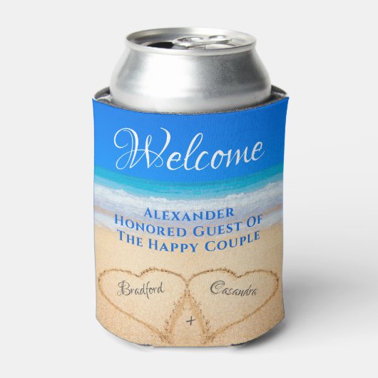 Beach Wedding Hearts in Sand Willkommen Dosenkühler (Kanne Vorderseite)