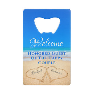 Beach Wedding Hearts in Sand Willkommen Geldbeutel Flaschenöffner