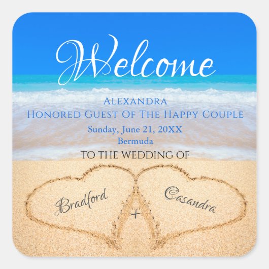 Beach Wedding Hearts in Sand Willkommen Keepake Quadratischer Aufkleber (Vorderseite)