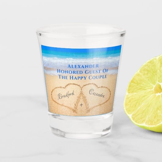 Beach Wedding Hearts in Sand Willkommensglas Schnapsglas (Vorderseite)