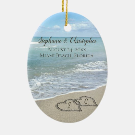 Beach Wedding Hearts in the Sand Elegant Keramik Ornament (Hinten)