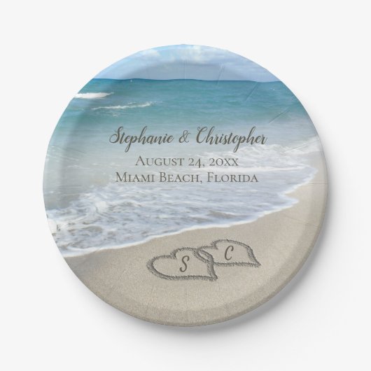 Beach Wedding Hearts in the Sand Elegant Pappteller (Vorderseite)