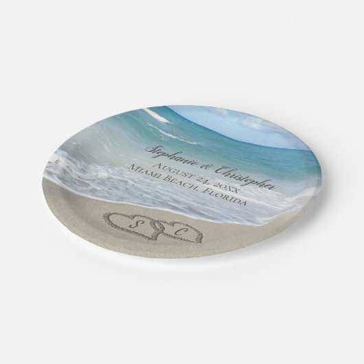 Beach Wedding Hearts in the Sand Elegant Pappteller (Schrägansicht)