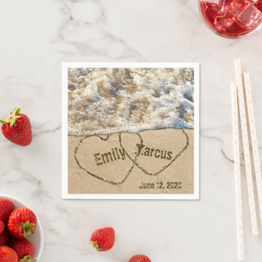 Beach Wedding Hearts mit Namen Serviette (Beispiel)