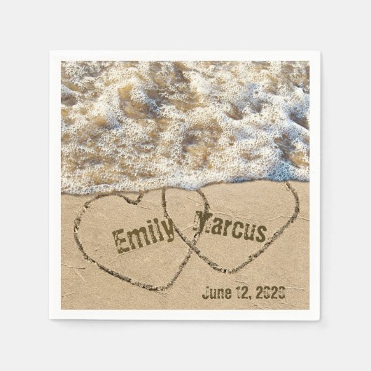 Beach Wedding Hearts mit Namen Serviette (Vorderseite)